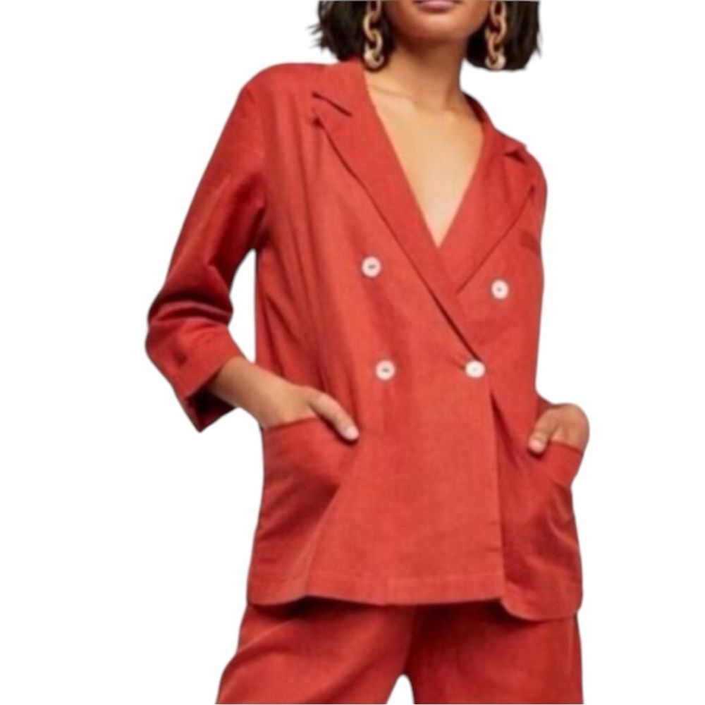 Free People Winnie Double Breasted Blazer Terracotta Orange Linen Blend Jacket